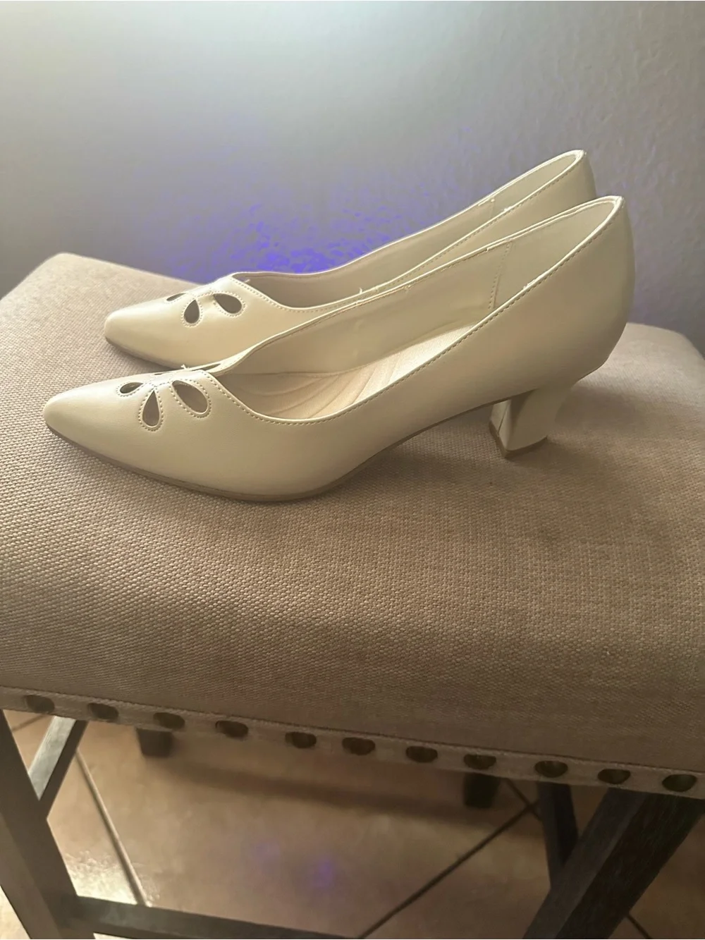 easy street Cream Pointed Toe Slip-On Flats with Floral Cutouts